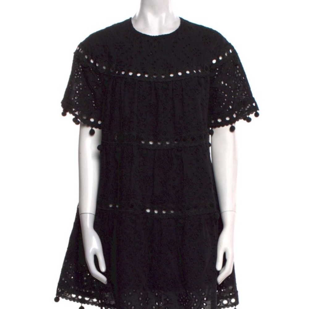 Cynthia Rowley Black Eyelet Pom-Pom Trim Dress Size M